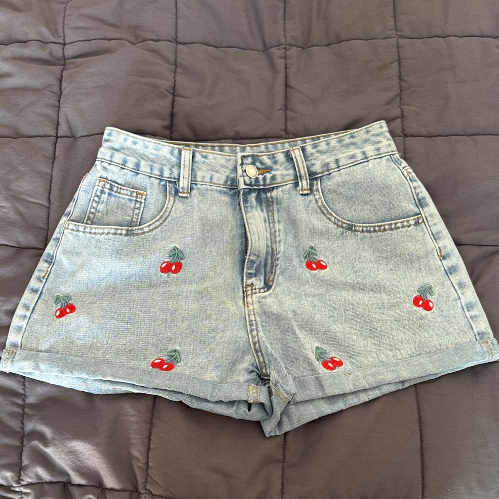 SHEIN Light Blue Cherry Embroidered Jean Shorts